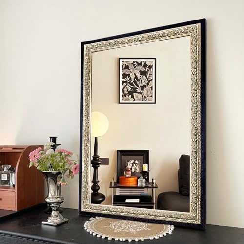 Autdot Vintage Mirror Wall Decor 36x24, Black Decorative Mirror with Wooden Frame for Living Room, Ornate Handmade Aging Silver Foil Carvings, Entryway or Bedroom