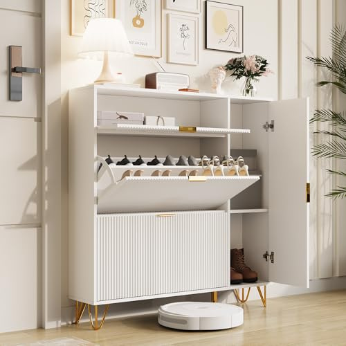 Schuhschrank mit 3 Klappen und 1 Türen,Schuhregal, Shoe Cabinet weiß, Schuhkipper mit 6 Fächern, schuhschränke für Flur oder Eingangsbereich, platzsparend, 110 x 24 x 120 cm (3 Klappen und 1 Tür)