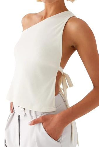 Dsewpaur Women Backless One Shoulder Top Sleeveless Open Side Back Tie Self Tank Tops Summer Casual Going Out Tops White