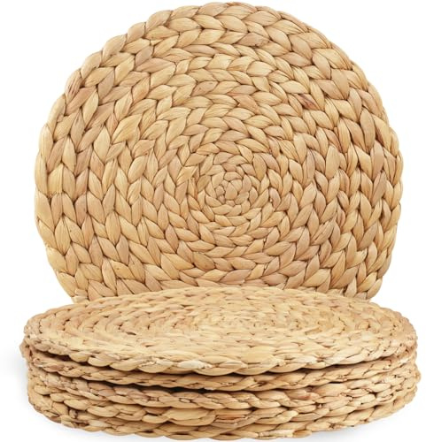 MI CASA Round Woven Placemats Set of 6, 30cm Natural Water Hyacinth Placemats, Woven Rattan Tablemats, Heat-Resistant Handmade Braided Straw Tablemats for Dining Table, Home, Wedding