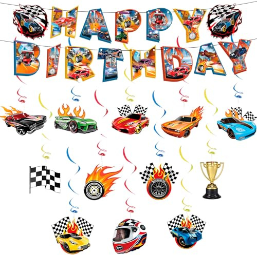 Auto Geburtstagsdeko- Wheels Bunting Girlande Hängende Dekoration-Car Geburtstagsparty Deko Happy Birthday Banner Deko, Rennauto Geburtstag Banner Deko für Racing Thema Kindergeburtstag Party Supplies