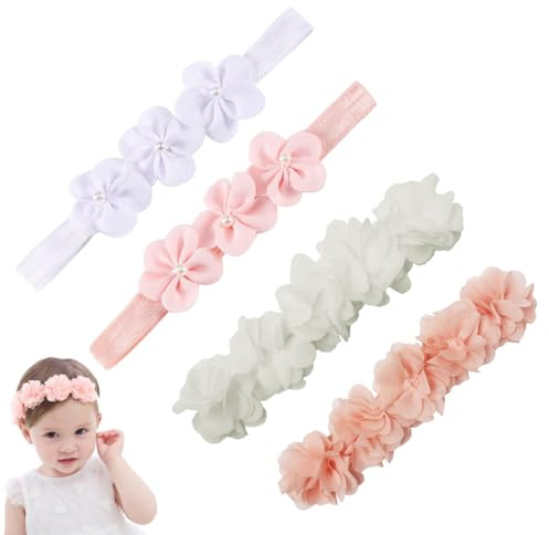 2 Piezas Diadema Bebe de Flores de Gasa, Cintillos para Bebes Niña Turbantes, Bandas Elásticas Suaves para el Pelo