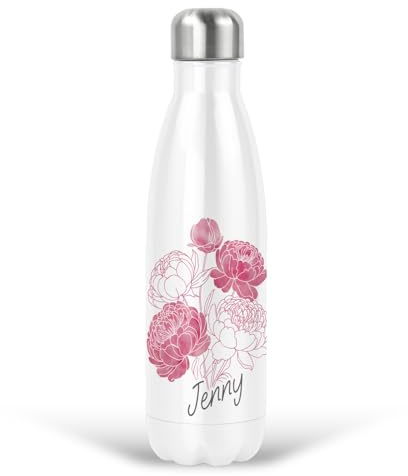 Personalised Floral Water Bottle Pink Peonies Stainless Steel Insulated Thermal Drink Double Wall White 17oz, 500ml (Grey Name)