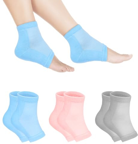 AOOWU 3 Paar Feuchtigkeitsspendende Fersensocken, Gel-Fersensocken Weiche Feuchtigkeitsspendende für Trockene Füße und Rissige Fersen - Hornhautentferner Füße Männer Frauen（Rosa + Blau + Grau）