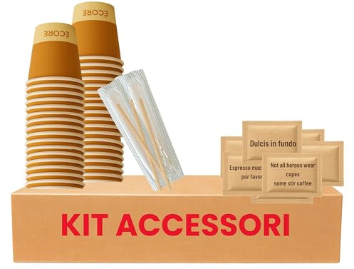 ecodrinks - Kit Caffe Bicchierini Palettine e Zucchero di Canna - Bicchieri di Carta da 75ml e Palette in Legno - Riciclabili, per Uso Professionale e Domestico (100 pezzi)