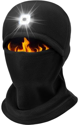 BTNEEU Sturmhaube Balaclava mit LED Licht Skimaske Winddicht Schlauchschal Herren Winter Thermo Wiederaufladbare USB Sturmmaske Warm Wintermütze mit Lampe für Fahrrad Ski Motorrad Camping (Schwarz)