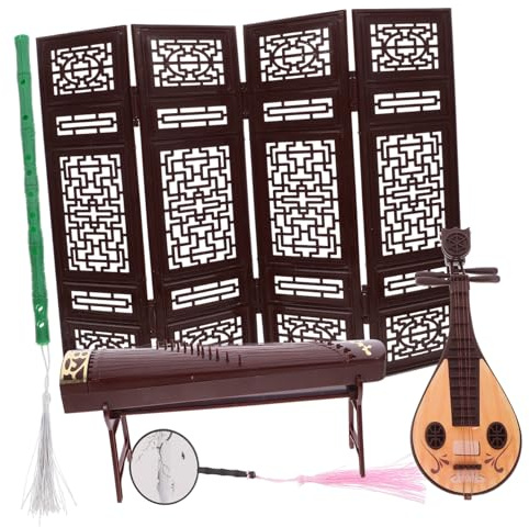 MOLUCKFU Mini-écran Décoratif Instrument Musique Chinoise pour Maison de Poupée, Ensemble 1 Set Éventail, Cithare, Guzheng et Paravent, Accessoire Vintage Miniature pour Décoration