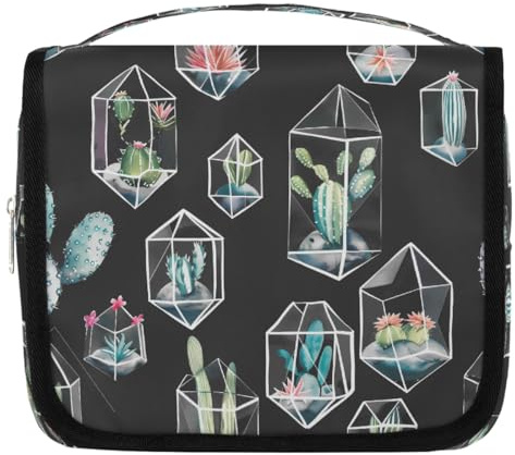 Watercolor Terrariums Cactus Hanging Toiletry Bag for Travel, Waterproof Polyester Makeup Organizer, Portable Cosmetic Bag with Hook for Bathroom Business Trips Gym Camping