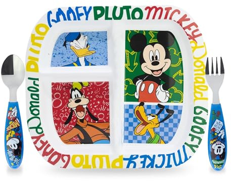 Sorrisini Juego de vajilla reutilizable, juego de platos divididos de 3 piezas, juego de platos, cubiertos de acero inoxidable, platos de plástico aptos para microondas, licencia Mickey