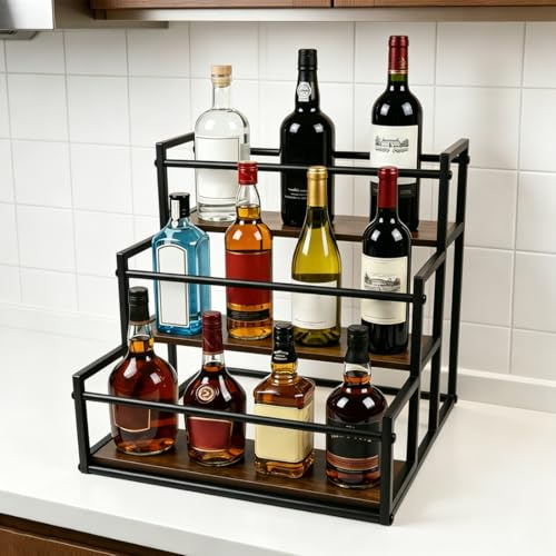 HINATDD Étagère à Vin 3 Niveaux en Bois et Métal, Porte-Bouteilles Rétro Marron Noir, Range Bouteille Vin, Support à Bouteilles pour Bar, Cuisine, 34 x 33,7 x 33,5 cm