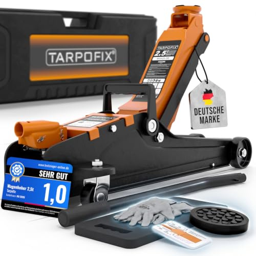 Tarpofix® Hydraulischer Wagenheber 2,5t flach mit Koffer, 85–380 mm Hubhöhe | Premium-Komplettset: Rangierwagenheber mit Hydraulikhub | für SUV & tiefergelegte Autos | mit. Koffer & Bodenmatte | Orange
