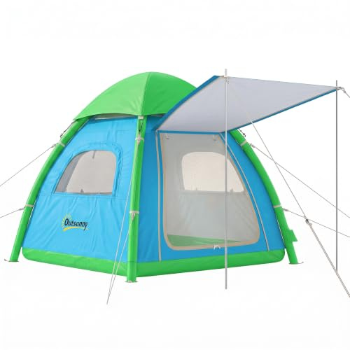 Outsunny Aufblasbares Zelt 3 Pers Schnell Aufbau mit Luftpumpe | Outdoor Camping Zelt, Meshfenster, Abnehmbar Dach, Fluoreszierend Heringen, Stehhöhe, Vordach, 3000 mm Wassersäule