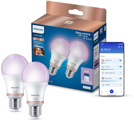 Philips Smart Lighting, Smarte LED RGB A60-Lampe, 2er-Pack, E27-Sockel, 1521 lm, Farbiges u. Einstellbares Weißes Licht 2.200–6.500 K, Niedrig Dimmbar, Connected by WiZ, Alexa, Google Home, Apple Home