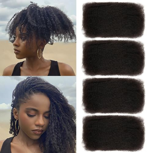 FASHION IDOL Extensions de cheveux humains crépus afro en vrac pour extensions de dreadlocks, réparation de loc, tressage, twist, afro crépu, cheveux humains pour loc - Lot de 4-200 grammes - Noir