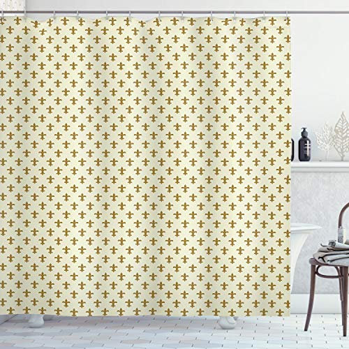 ABAKUHAUS Klassisch Duschvorhang, Blume des Lilien-Entwurf, Stoffliches Gewebe Badezimmerdekorationsset mit Haken, 175 x 200 cm, Creme und Gelb