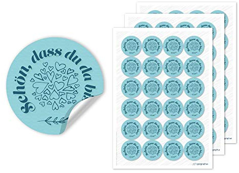 Typographus Schön DASS du da bist Aufkleber blau 4cm Ø mit Herzchen – 72x Gastgeschenkaufkleber Etiketten für Taufe oder Hochzeit