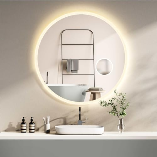 HOKO Runder LED Badspiegel 80cm Hamburg. Designspiegel mit KOSMETIKSPIEGEL 3-Fach, Bad Spiegel LED beleuchtet mit Touch Schalter, LED Licht Wechsel - Warmweiß - Kaltweiß - Neutral