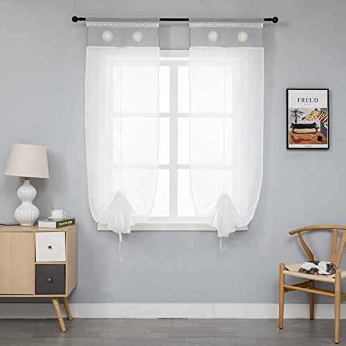 Coppia Tende Bianche Semi Trasparenti Orlo Superiore Grigio con Centrini Ricamati Tenda Misto Lino Stile Shabby Chic per Camera Balcone Finestra e Interni 2 Pannelli con Tasca (Grigio, 60x240cm)