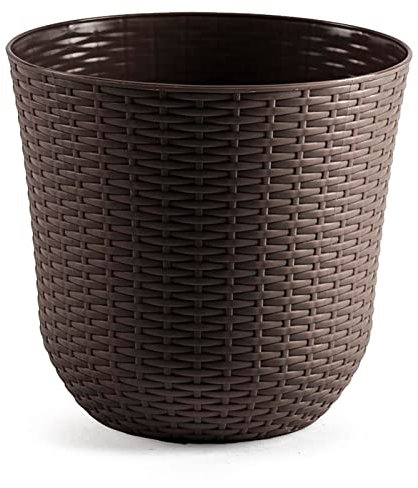 AC - Maceta Redonda - Fabricación en plástico – Diseño Rattan – Ideal como macetero, Tiesto, Recipiente para Plantas, Flores, balcón, terraza, jardín – Ø 33 cm – Color Wengué