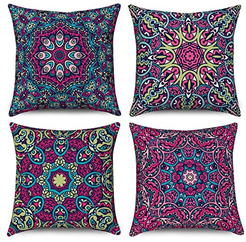 Hnmdmyi Kissenbezug Boho 45x45 4er Set, Retro Floral Mandala Kompass Medaillon Dekorative Kissenbezüge Bohemian Hippie Leinen Kissenhülle für Sofa Couch Bett Garten Outdoor Home Decor