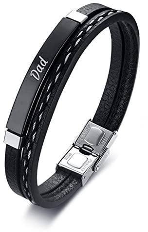 Edelstahl Armband Herren, Herren Armband Leder Schwarz Breit Erkennungsmarke mit Gravur Dad Stilvolle Geschenke Zum Vatertag
