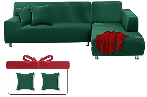 LINGKY Sofabezug Ecksofa L Form Sofa Überwürfe Stretch Sofa Überzug L Form Rechts oder Links mit Kissenbezügen Waschbar Universal-Couchbezug Für 1/2/3/4 Sitzer (Dunkelgrün,4 Sitzer(235-300cm))