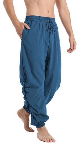 PACEIADTA Mens Cotton Linen Drawstring Pants Elastic Waist Casual Jogger Yoga Pants (32, Blue)