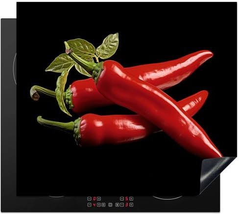 KitchenYeah© Protection Plaque Induction Protege Deco Cuisine Cache Protège | 60x52 cm - De Cuisson Accessoire Poivron Rouge - Rouge - Herbes - Épices - Noir