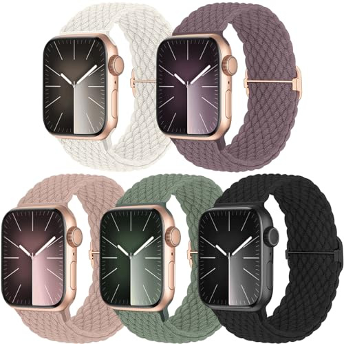 chinbersky 5 Pack Bracelet Tressé Compatible avec Bracelet Apple Watch 44mm 45mm 42mm 49mm Femme Homme, Réglable Nylon élastique Sport Bracelet pour iWatch Series 9 8 7 6 5 4 3 2 1 SE Ultra