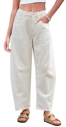 GREAIDEA Mid Rise Barrel Jeans for Women, Wide Leg, Mid Waist, Short Denim Pants, Y2k, Baggy Boyfriend Jeans with Pockets, White/Opulent Garden, M