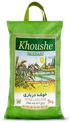 Khoushe Darbari Basmati Reis 1 x 5 KG (Khoushe Momtaz) - Hochwertiger Langkornreis aus Indien, Extra Langes Korn für Reiskocher & Tahdig, Perfekt für Fisch, Fleisch