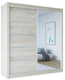 Easy4You B1 180 cm Sonoma Schiebetüren Kleiderschrank 180x215x58 cm mit Spiegel - Schlafzimmermöbel, Aufbewahrung - Mehrzweckschrank