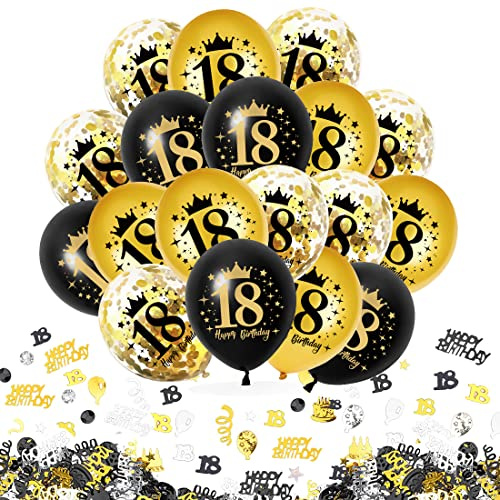 30 Stück 18 Geburtstag Deko Schwarz Gold, Luftballons 18. Geburtstag mit Konfetti, 18. Schwarz Gold Konfetti Zahlenballon, 18 Happy Birthday Deko für Männer Frauen Jubiläum Geburtstags Party Tisch
