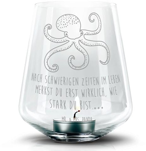 Mr. & Mrs. Panda Gravur Windlicht Tintenfisch - Geschenk, Kerzenglas, Teelichtglas, Tiere, Windlicht mit Gravur, Windlicht Glas, Teelichthalter,