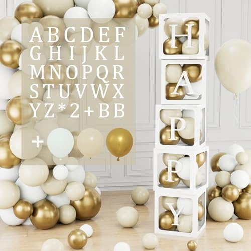 104 Cajas Baby Shower Decoración para Niños o Niñas, 5 Caja Globo Transparente con 54 Letras, 45 Globos Blancos Oro, Cajas Bebé para Decoracion Baby Shower, Cumpleaños, Bautizo, Nombre Personalizado
