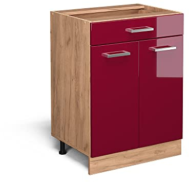 Vicco Küchenunterschrank R-Line, Rot Hochglanz, 60 cm mit Schublade, AP Anthrazit