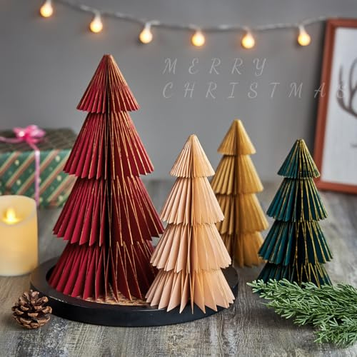 SUNBEAUTY 4 Stück Papier Weihnachtsbaum Deko Tischdeko Weihnachten Braun Grün Papier Waben Papierbäume Rot Weihnachtsdeko Innen Hellrosa Wiederverwendbar Christmas Deko