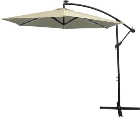 LED Cantilever Parasol 3m Cream Banana Hanging Umbrella 24 Solar Powered Cool White Lights 360 Rotation Tilt Garden Sun Shade Canopy Patio UV Protection Winding Crank FREE Waterproof Rain Cover…