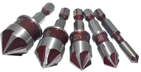 Set di punte in acciaio inox da 82° da 3/10,2 cm, 5/20,3 cm, 1/5,1 cm, 3/20,3 cm e 1/10,2 cm per foratura liscia