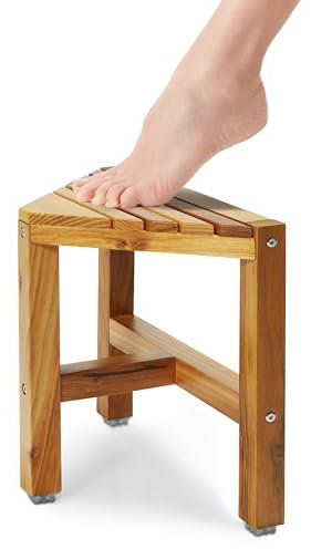 TeakAura Teak-Duschhocker, Teak-Duschbank, 30,5 cm, Duschfußstütze für Rasierbeine, wasserdichte Teak-Eck-Duschbank, Organizer, Teak-Hocker, Ecksitz für Badezimmer, Wohnzimmer