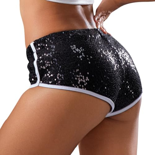 Maeau - Shorts Pailletten Damen Low Rise Sexy Glänzende Hotpants Tanz Sport Mini-Shorts Kurz Freizeitshort S