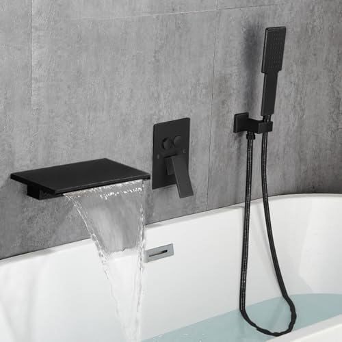 Grifo Ducha Empotrado Grifo Bañera Cascada Negro con Manguera Ducha y Alcachofa Griferia Ducha Agua Fria y Caliente-Grande