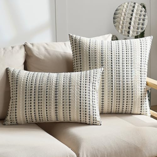 Newliky Bohemia Funda de Almohada 30x50 cm Juego de 2 Boho Lunares Fundas Cojines Decorativa Lujo Textura Tejida a Rayas Colorido Rural Moderna Poliéster Algodón Funda de Cojín para Sofá Cama Gris