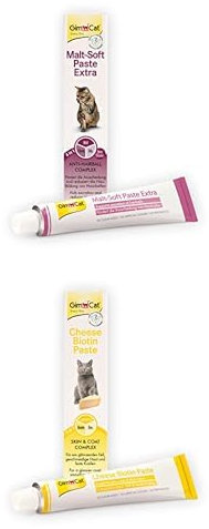 Bundle: GimCat Malt-Soft Paste Extra - Anti-Hairball Katzensnack (50g)+ GimCat Cheese Biotin Paste (50g) - Mit aromatischem Käse, Zink und Leinöl für Fell, Haut und Krallen
