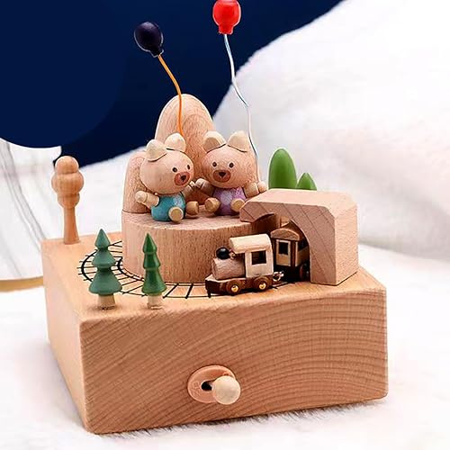 VVMRZGHP Carillon in legno massello naturale, realizzato a mano, in legno di faggio, con meccanismo a manovella girevole, decorazioni musicali (piccolo orso e trenino)