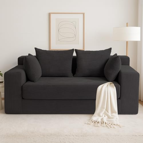 cidludto Convertible Sofa Bed, Boneless Loveseat Folding Couch Bed Foldable - 3 in 1 Small Ccouch & Futon Sofa Sleeper, Corduroy Pull Out Couch with 4 Pillows for Living Room, Black
