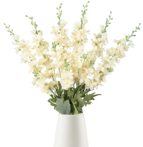 INSUNSIX 6PCS Cream Delphinium Artificial Flowers 33 Larkspur Silk Flowers Long Stem Artificial Flowers for Tall Vase Wedding Centerpieces for Tables Home Decor Indoor (Cream)