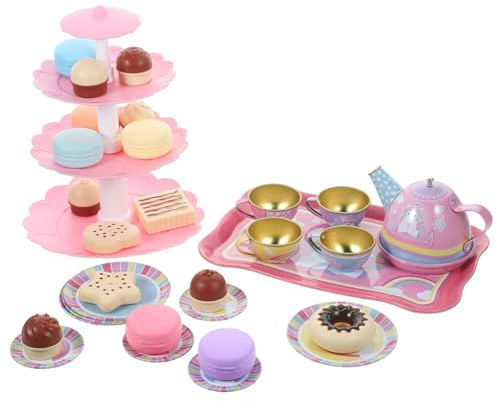 PartyKindom 1 Set Cartoon Tea Set Simulation Tea Party Set for Little Safe Tinplate Materials Imaginative Pretend Play with Sweet Treats Tower