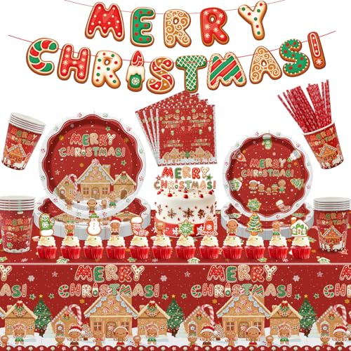 Décorations de fête de Noël – Assiettes en papier de Noël en pain d'épices, bannière, décoration de gâteau, flocons de neige, serviettes, tasses, nappes, vaisselle de Noël pour Noël, fournitures de
