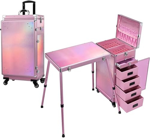 Joligrace Makeup Case Vanity Case Large Make Up Box Makeup Trolley on Wheels Beauty Box with 5 Drawers Portable Manicure Nail Table Make Up Organiser Storage, Pink